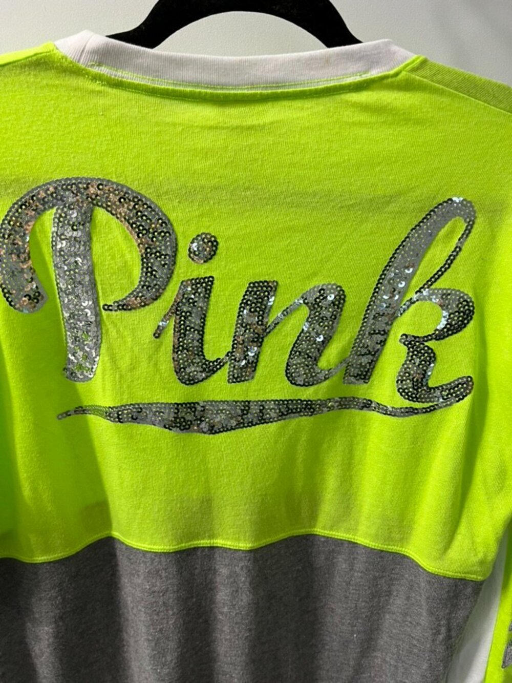 PINK Victoria's Secret Bling Campus Long Sleeve Tee XS Neon Yellow - Picture 6 of 7